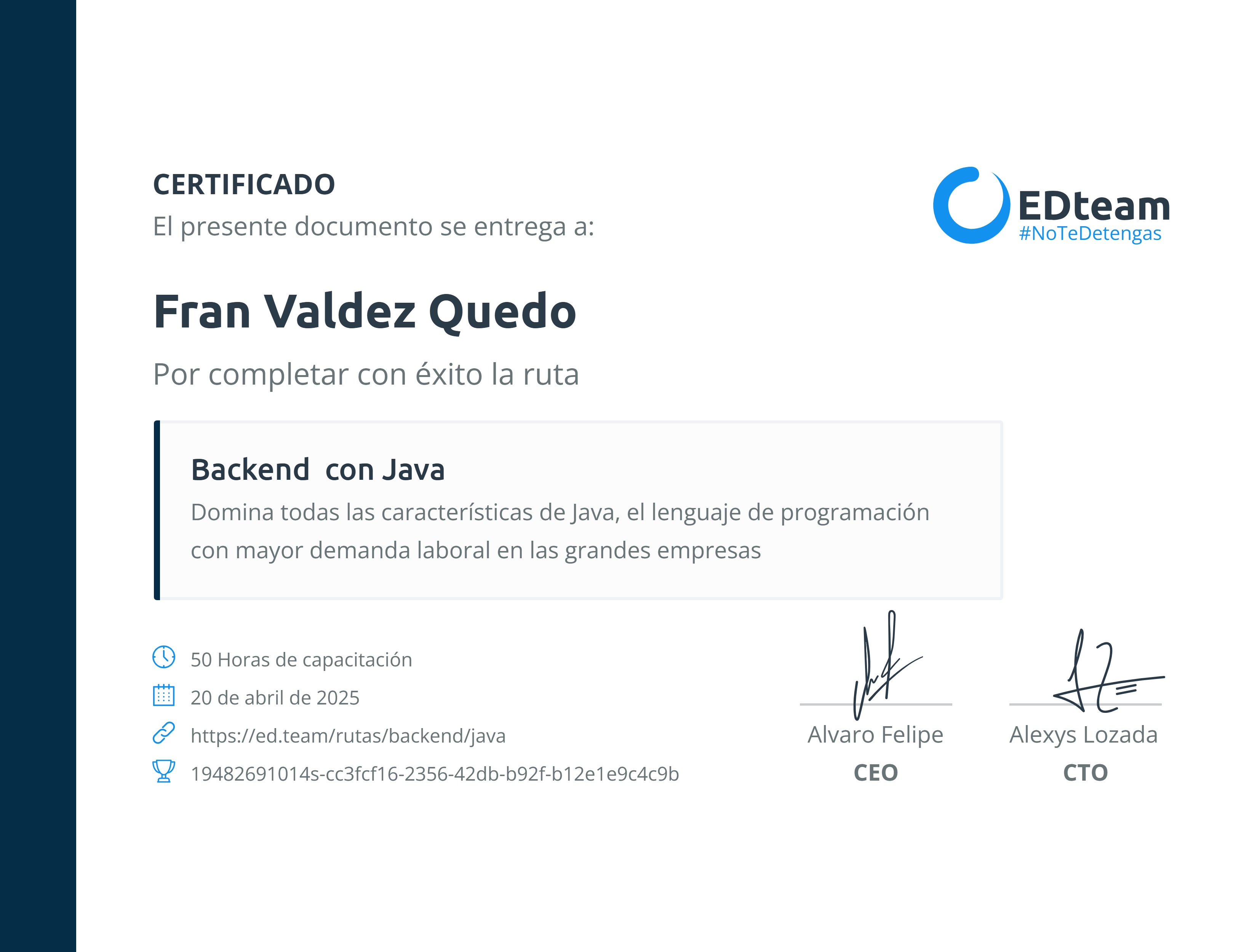 Certificado de Fran Valdez Quedo de la ruta Backend con Java
