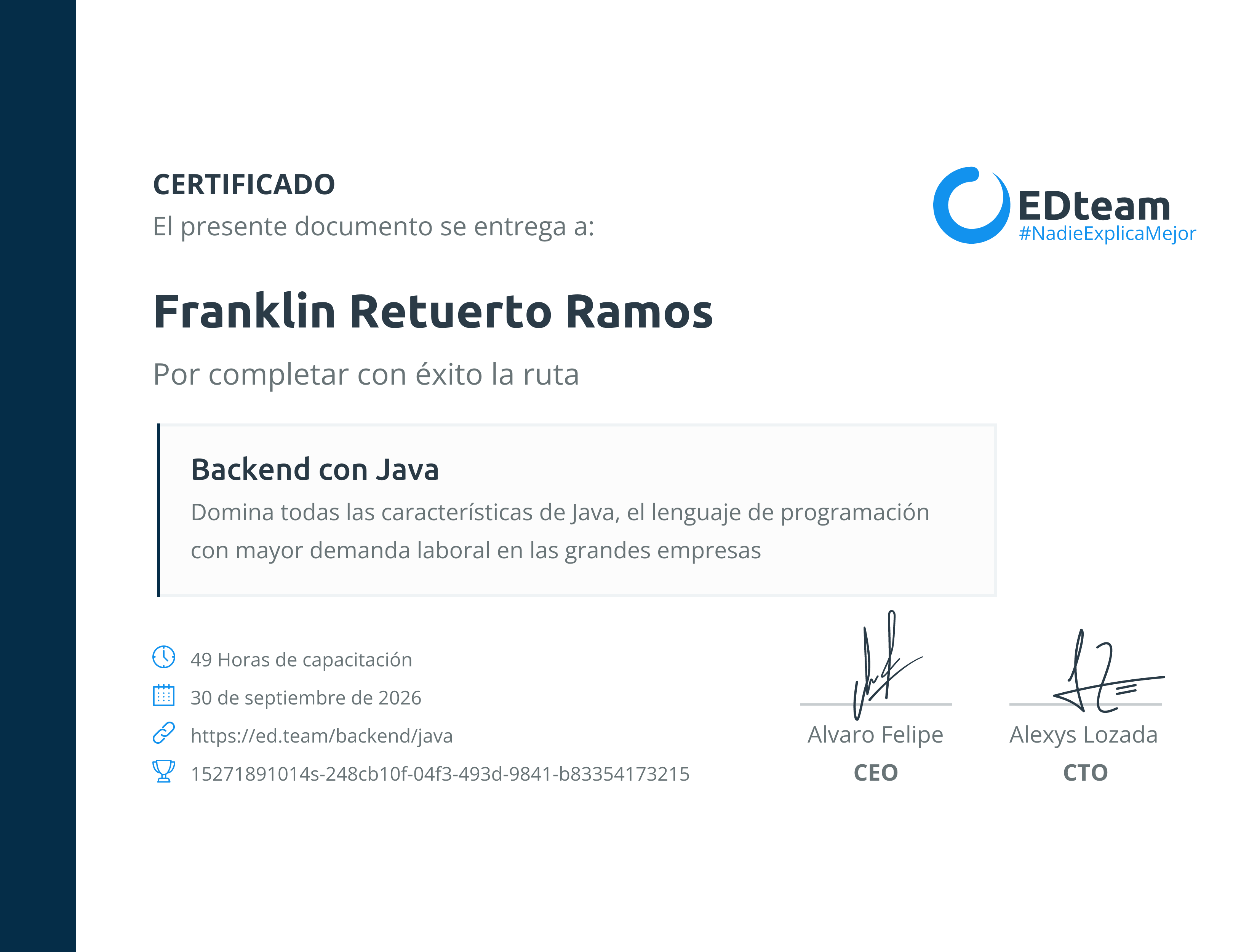 Certificado de Franklin Retuerto Ramos de la ruta Backend con Java