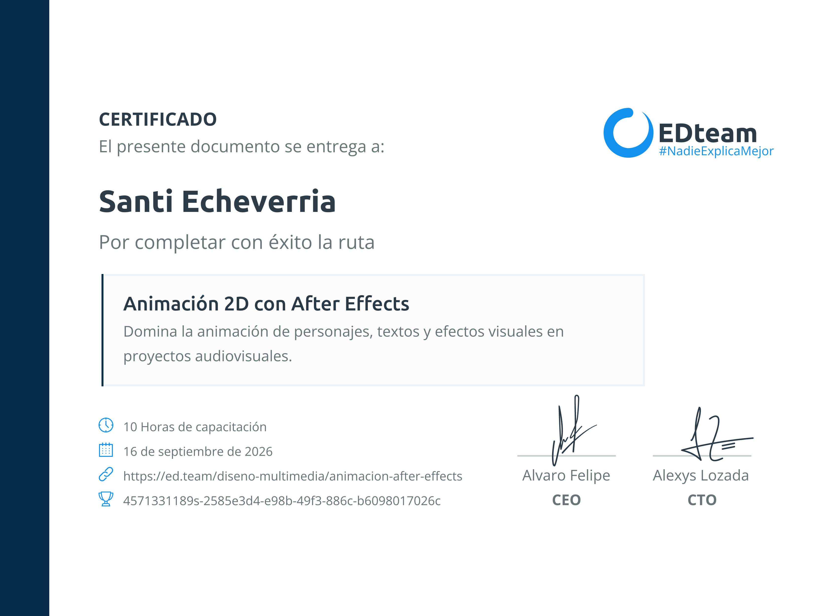 Certificado de Santi Echeverria de la ruta Animación 2D con After Effects