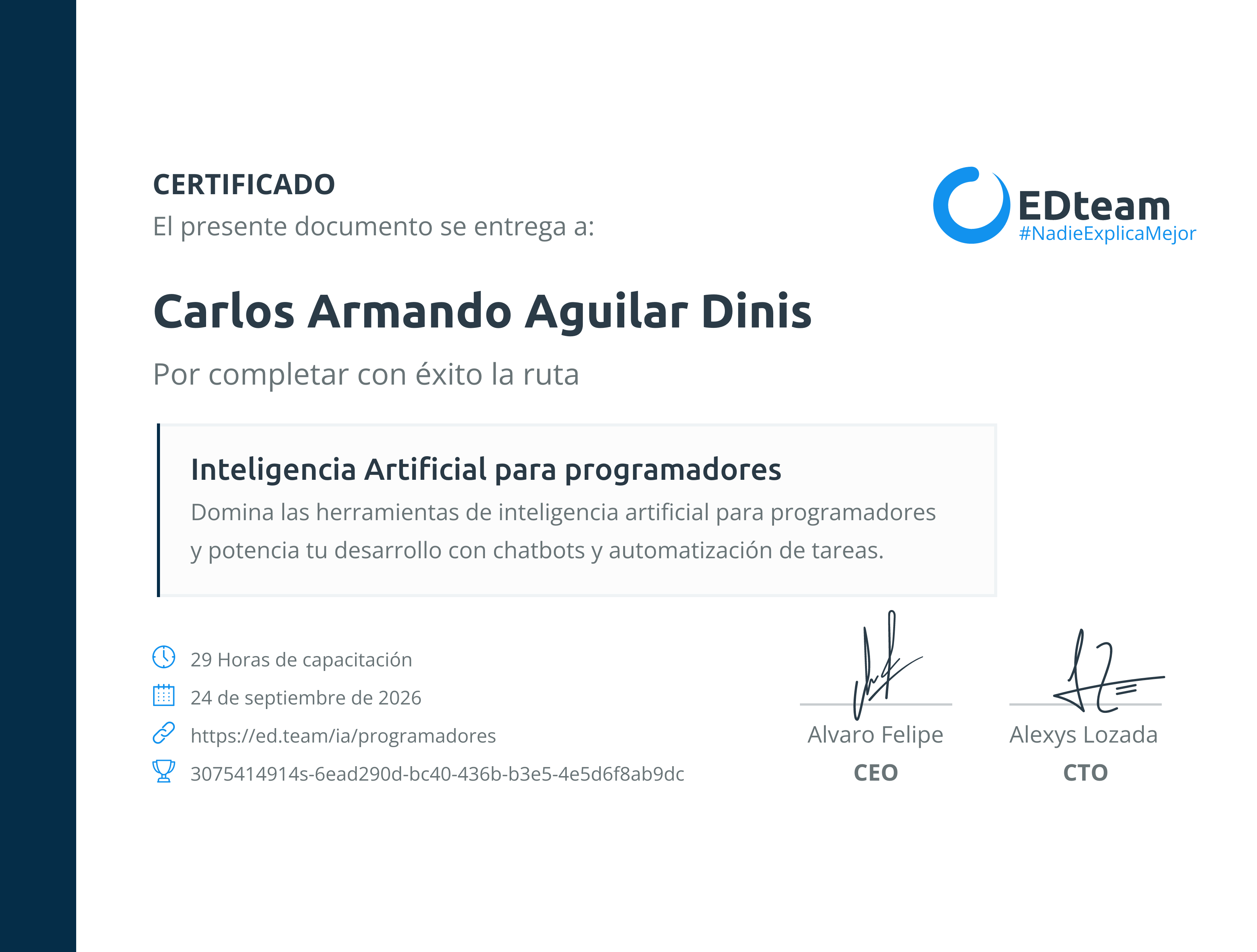 Certificado de Carlos Armando Aguilar Dinis de la ruta Inteligencia Artificial para programadores