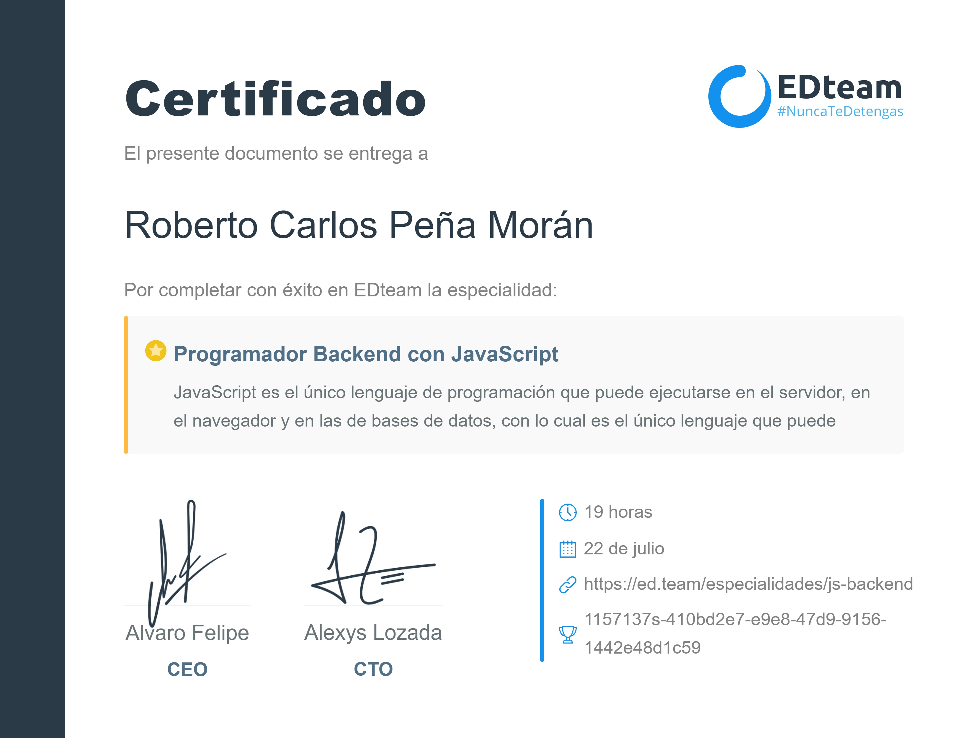 Certificado de Roberto Carlos Peña Morán de la ruta Programador Backend con JavaScript