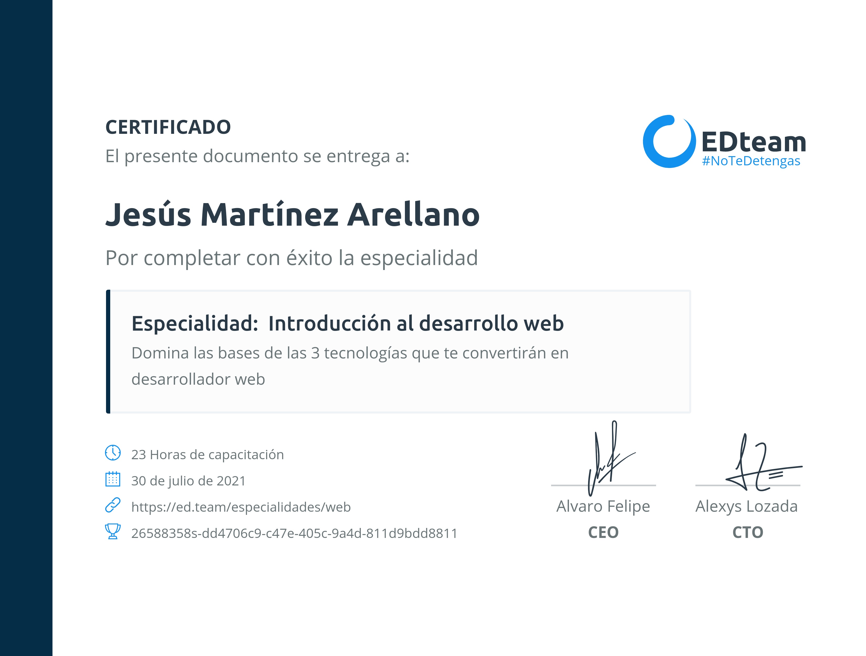 Certificado de Jesús Martínez Arellano de la ruta Desarrollo web para principiantes