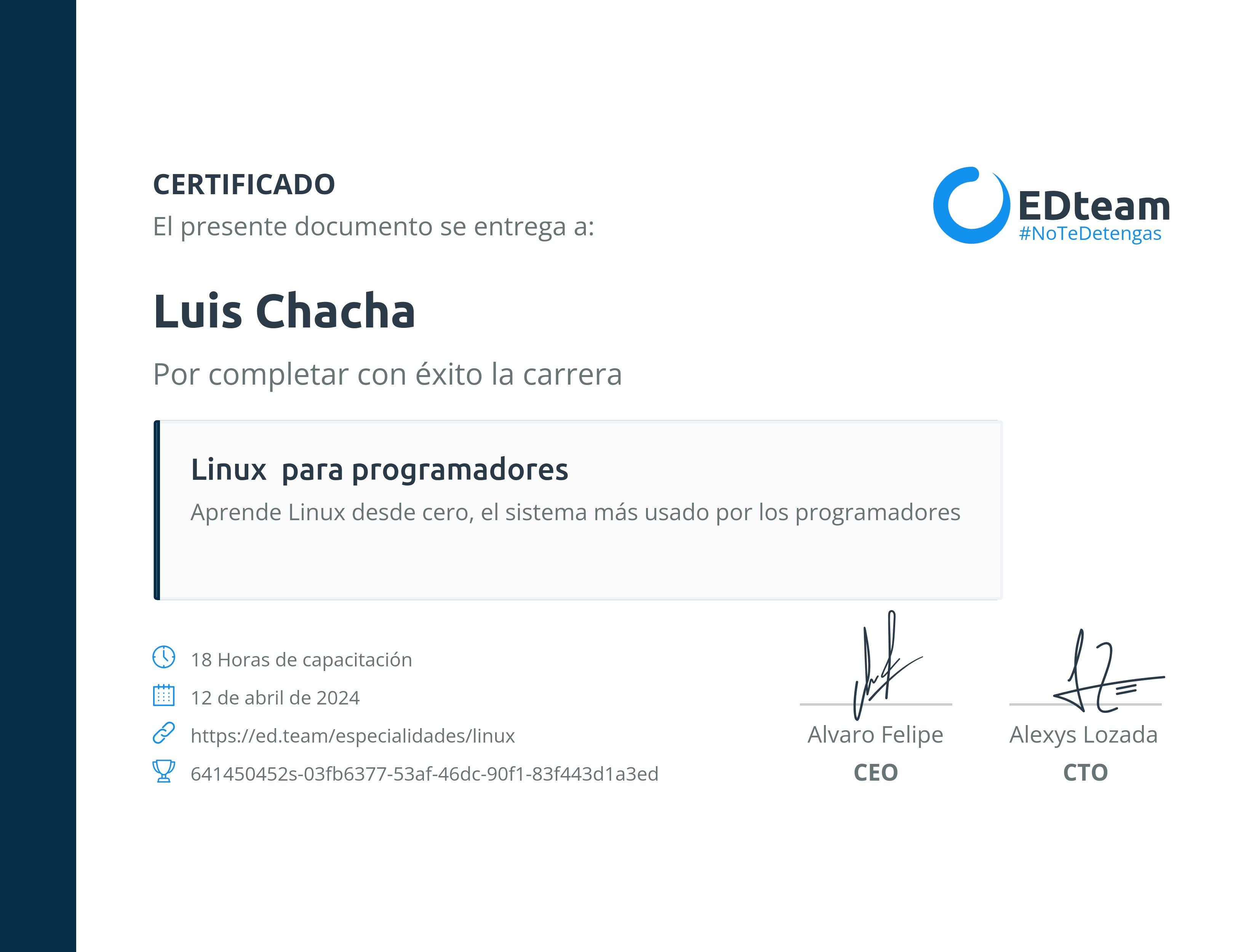 Certificado de Luis Chacha de la ruta Linux para programadores