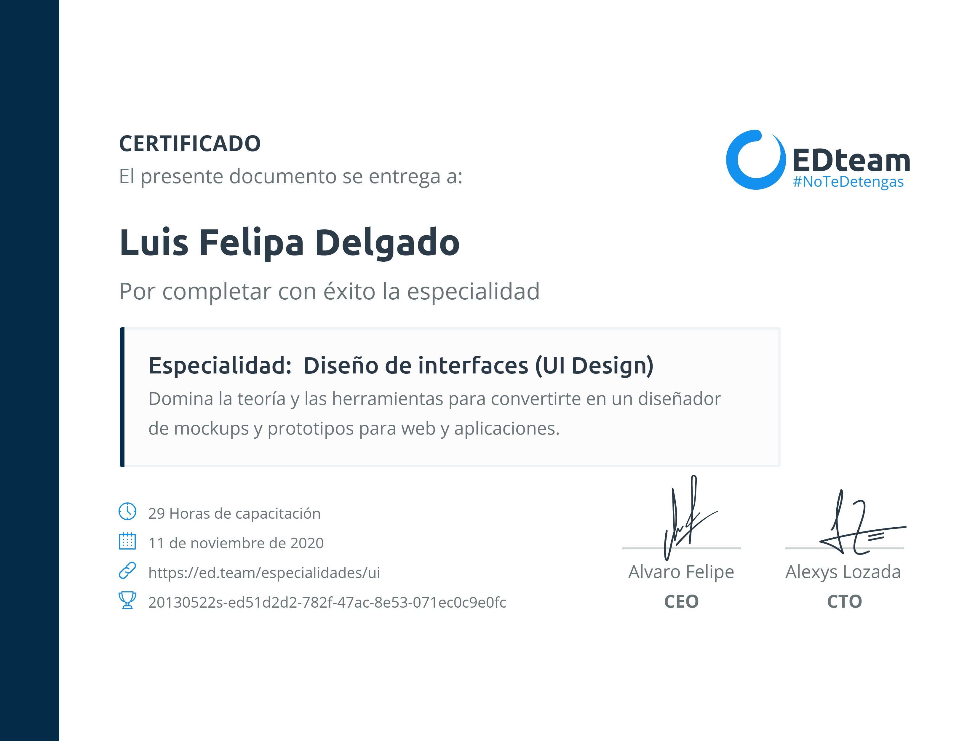 Certificado de Luis Felipa Delgado de la ruta Diseño de interfaces (UI Design)
