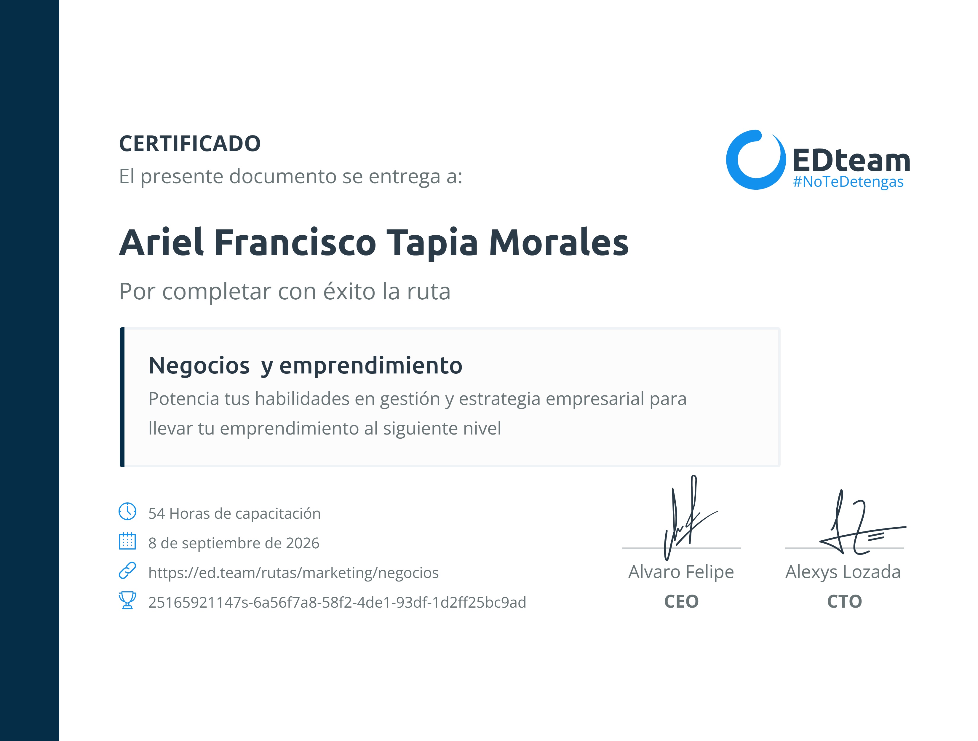 Certificado de Ariel Francisco Tapia Morales de la ruta Negocios y emprendimiento