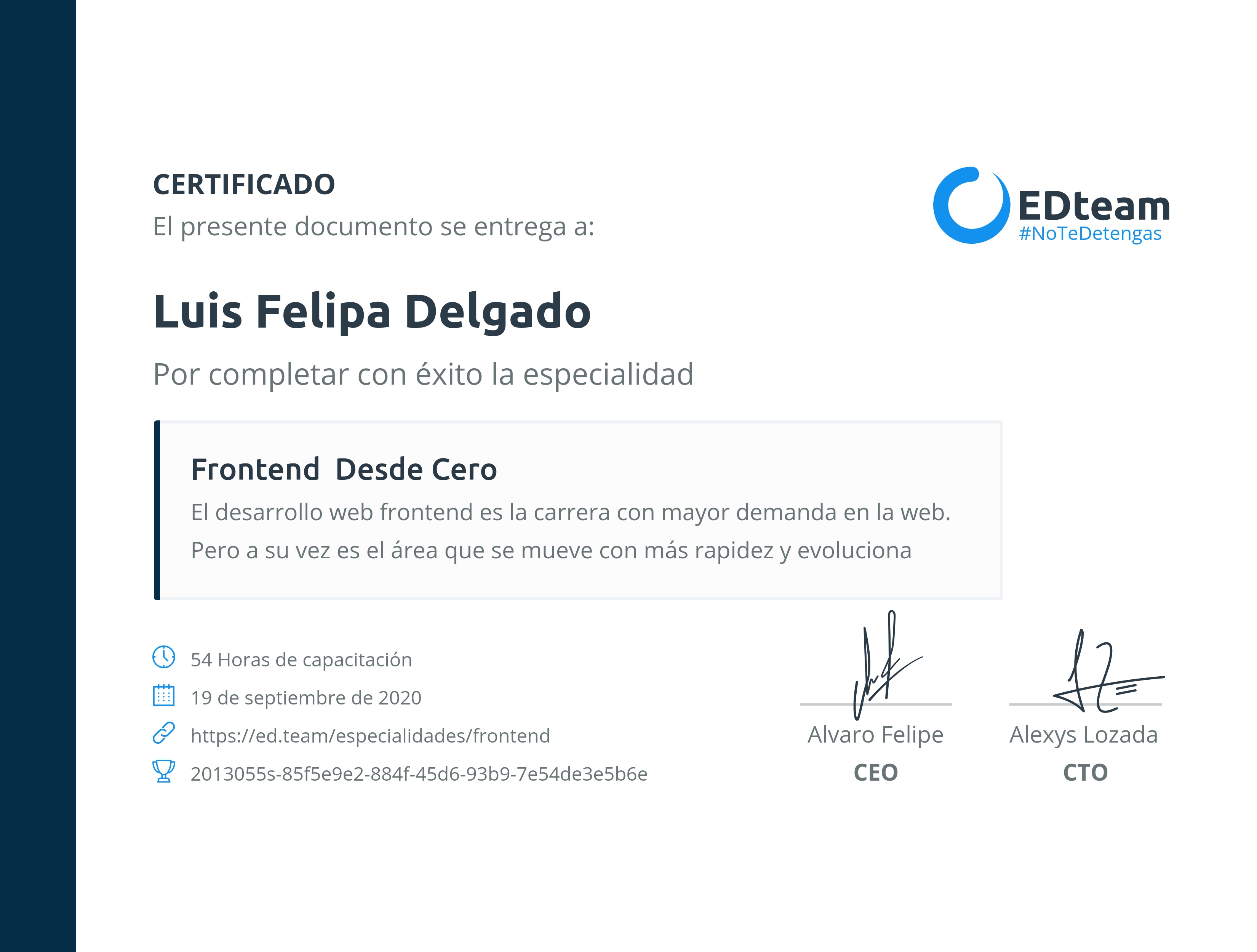 Certificado de Luis Felipa Delgado de la ruta Frontend desde cero