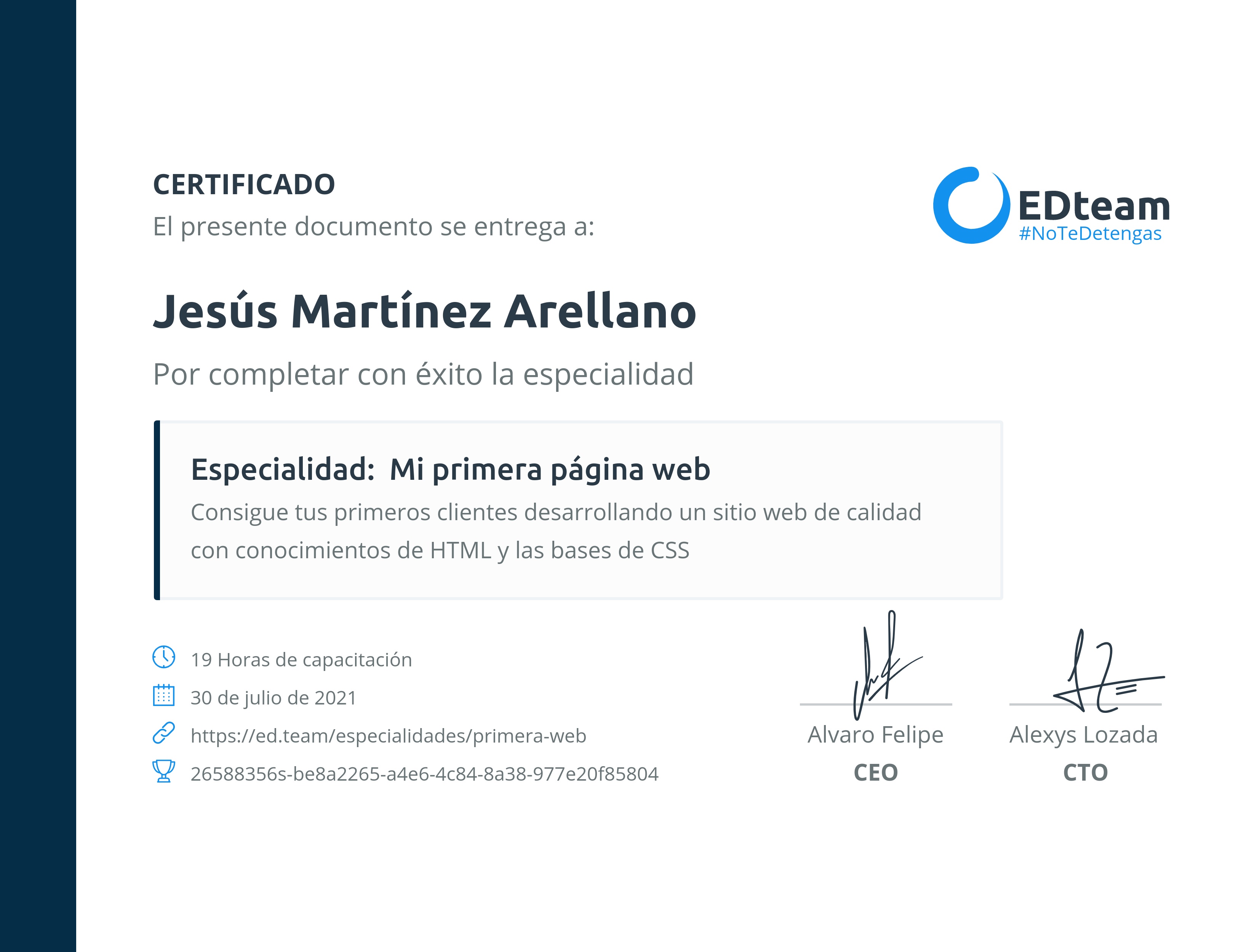 Certificado de Jesús Martínez Arellano de la ruta Mi primera página web