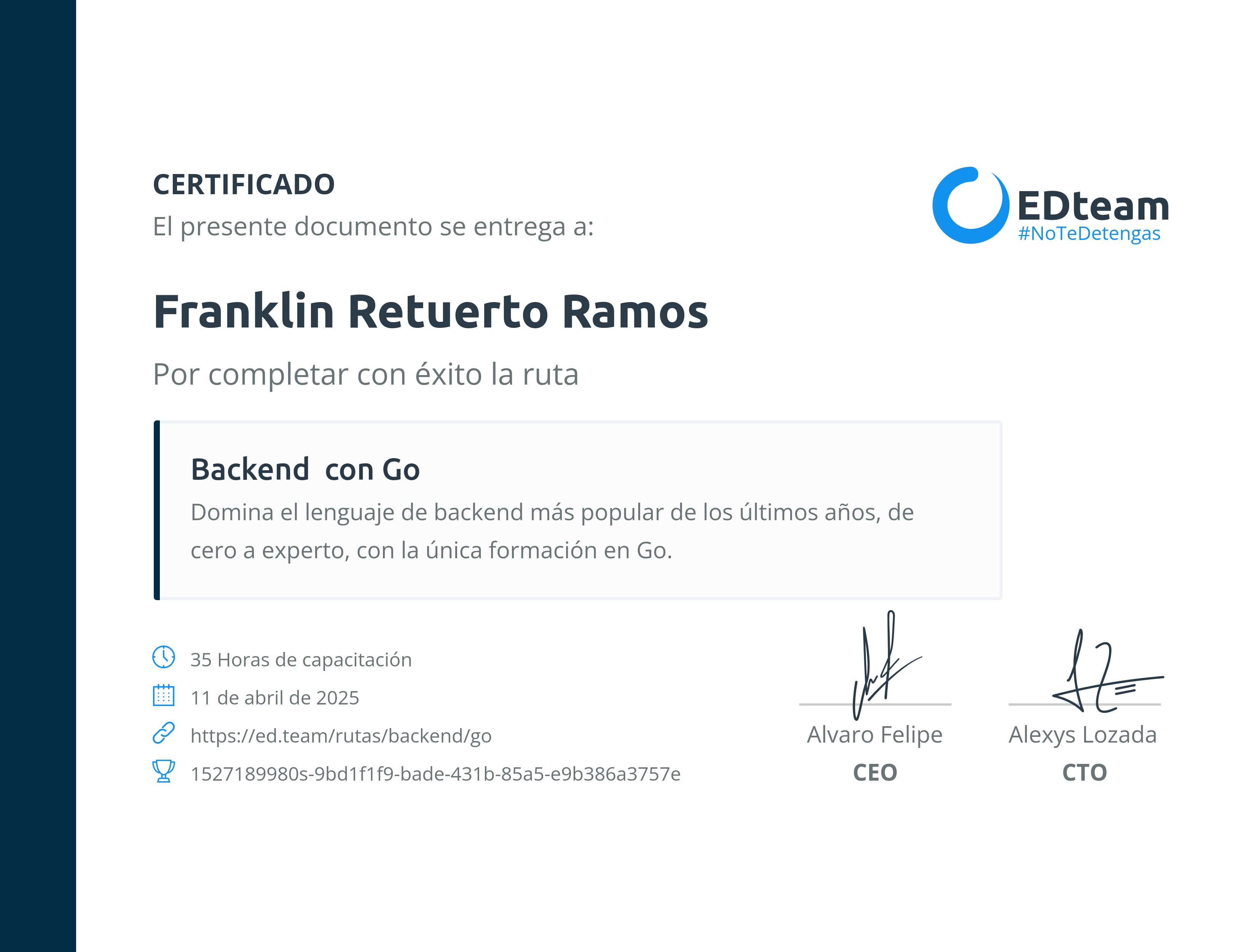 Certificado de Franklin Retuerto Ramos de la ruta Backend con Go