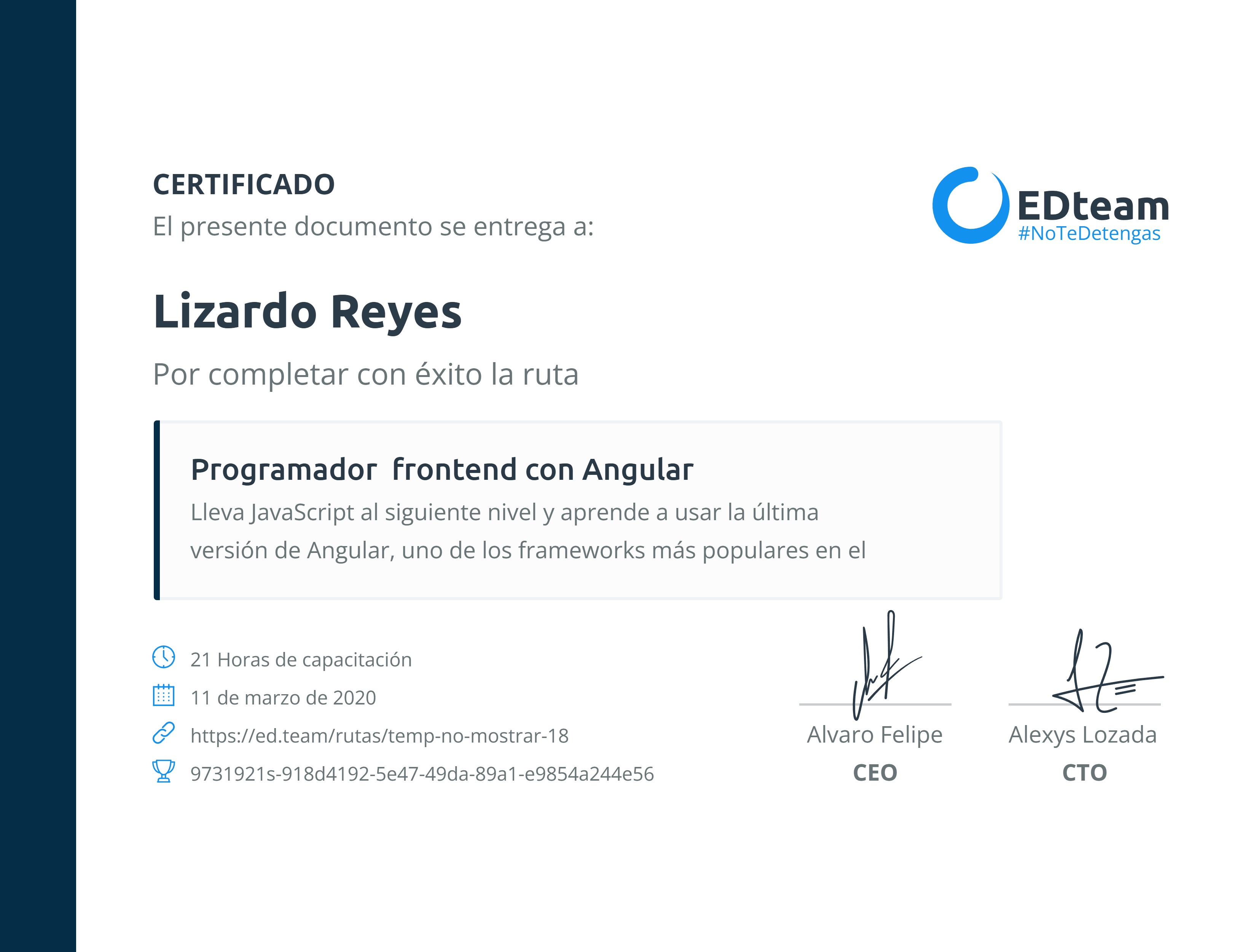 Certificado de Lizardo Reyes de la ruta Programador frontend con ...
