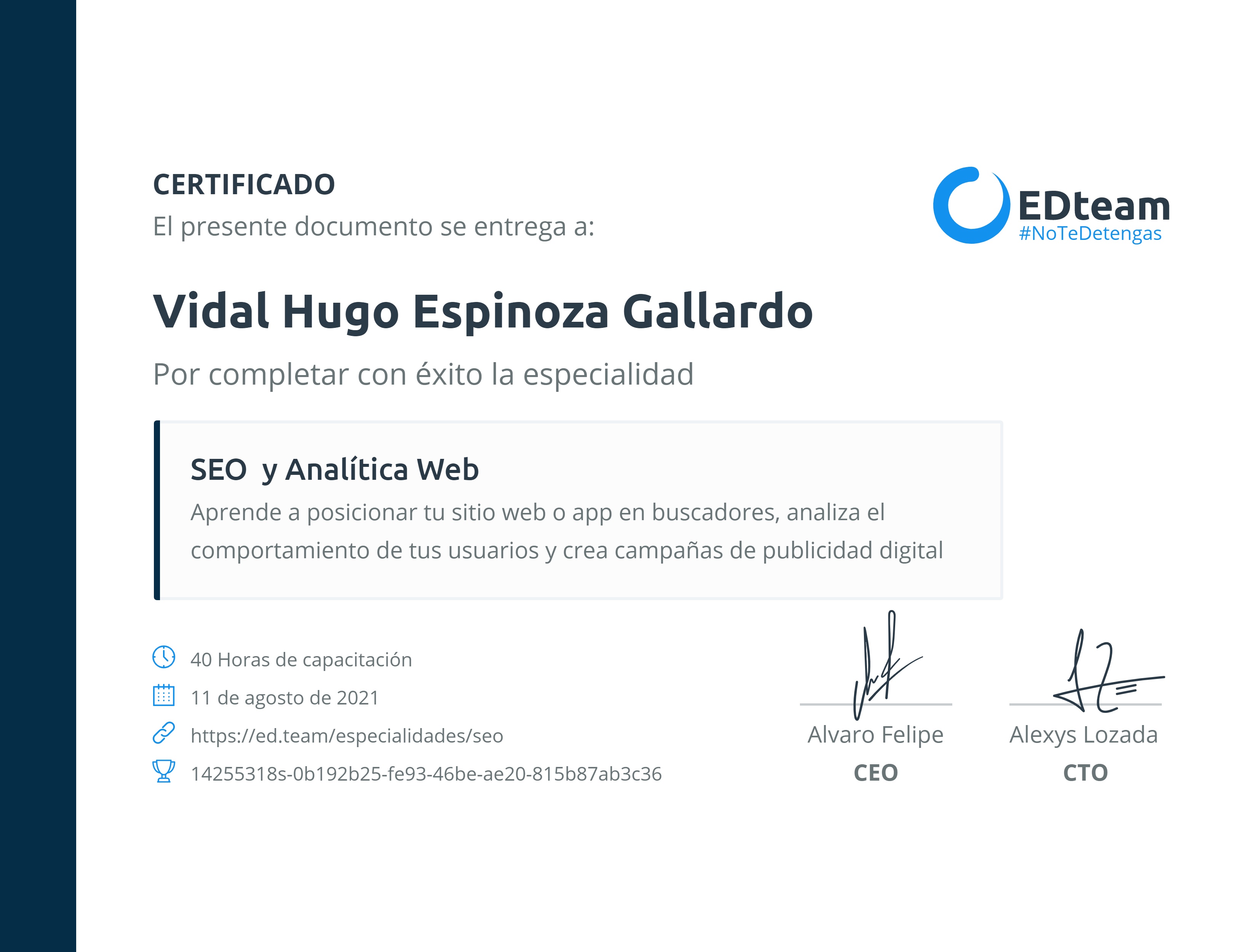 Certificado de Vidal Hugo Espinoza Gallardo de la ruta SEO y posicionamiento web