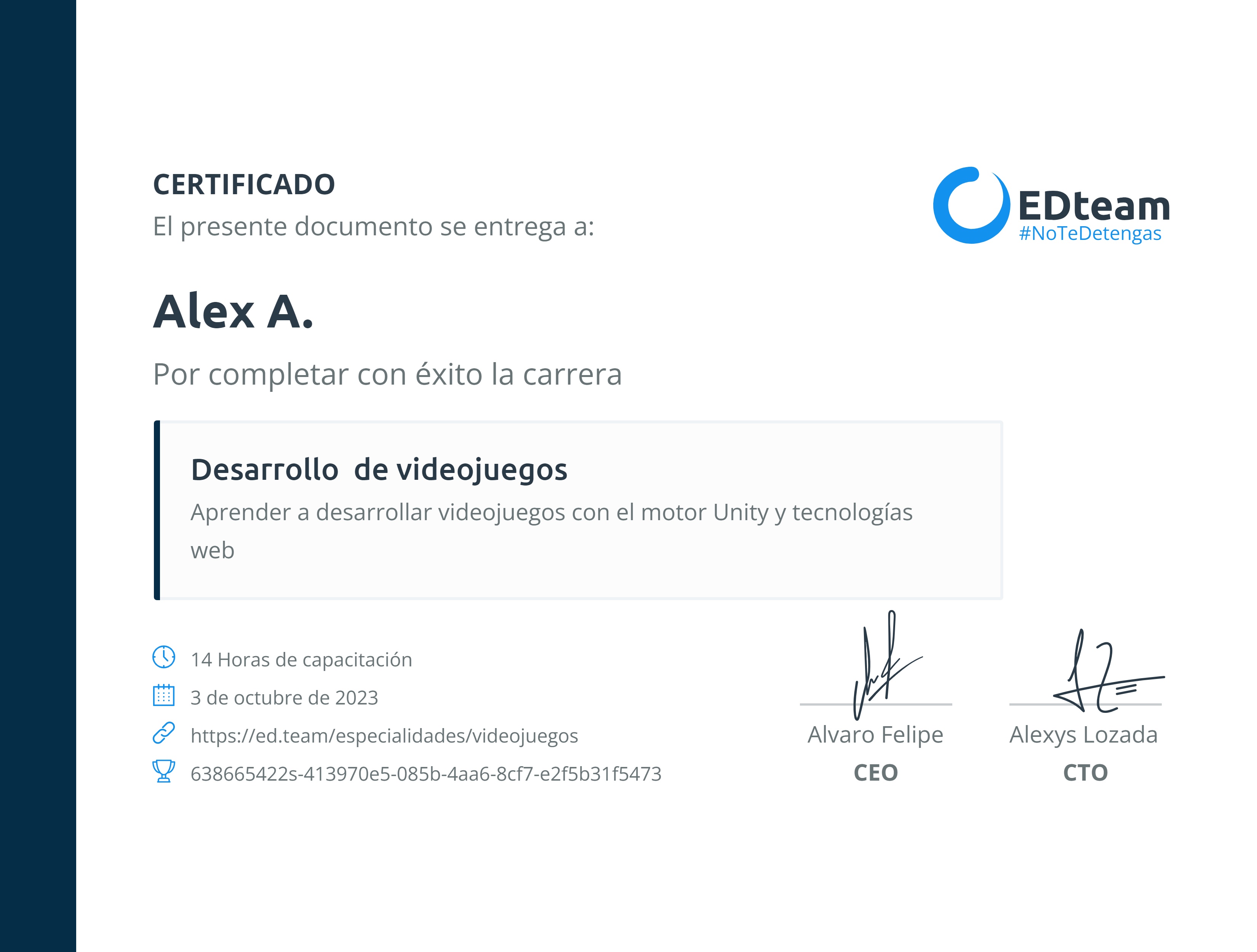 Certificado de Alex A. de la ruta Desarrollo de videojuegos