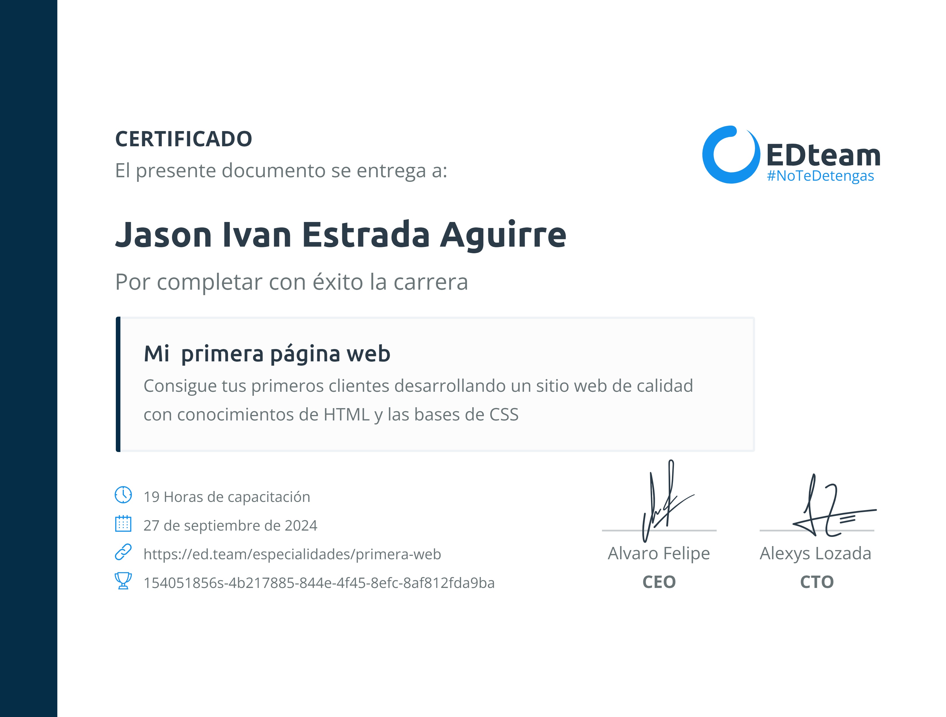 Certificado de Jason Ivan Estrada Aguirre de la ruta Mi primera página web