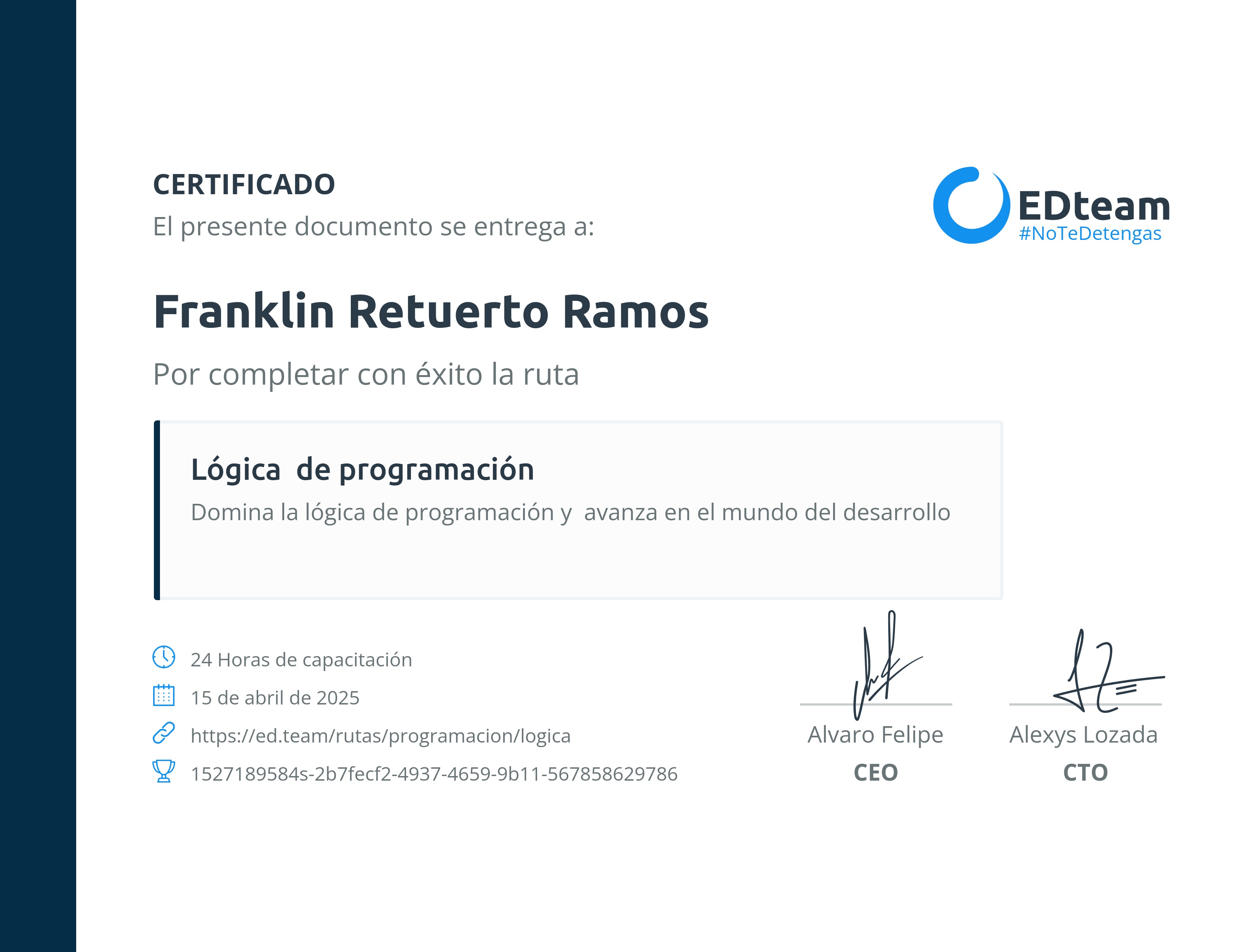 Certificado de Franklin Retuerto Ramos de la ruta Lógica de programación