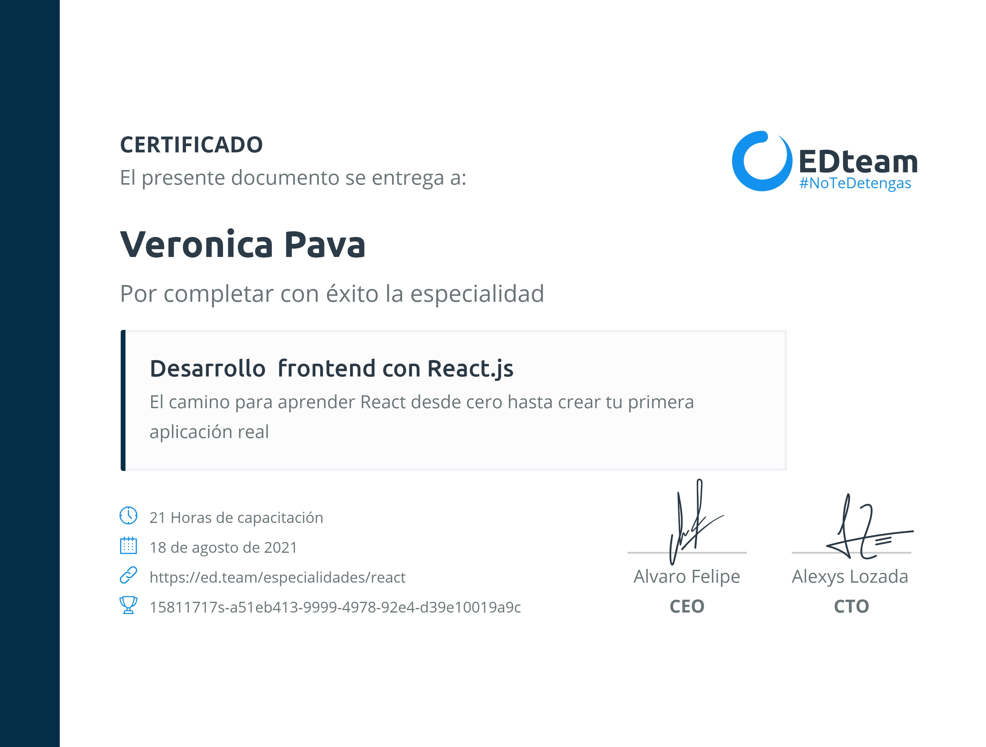 Certificado de Veronica Pava de la ruta Desarrollo frontend con React ...