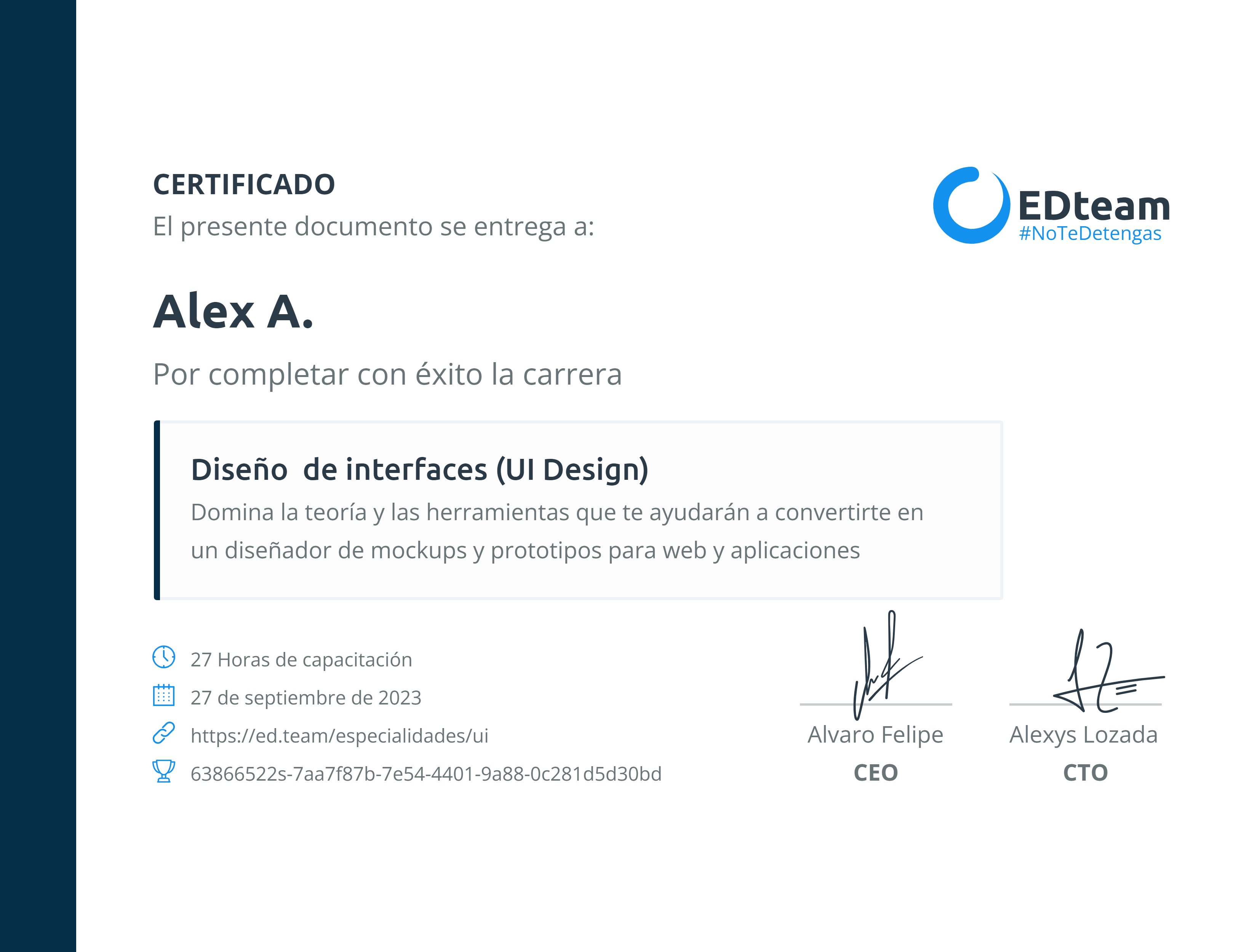 Certificado de Alex A. de la ruta Diseño de interfaces (UI Design)