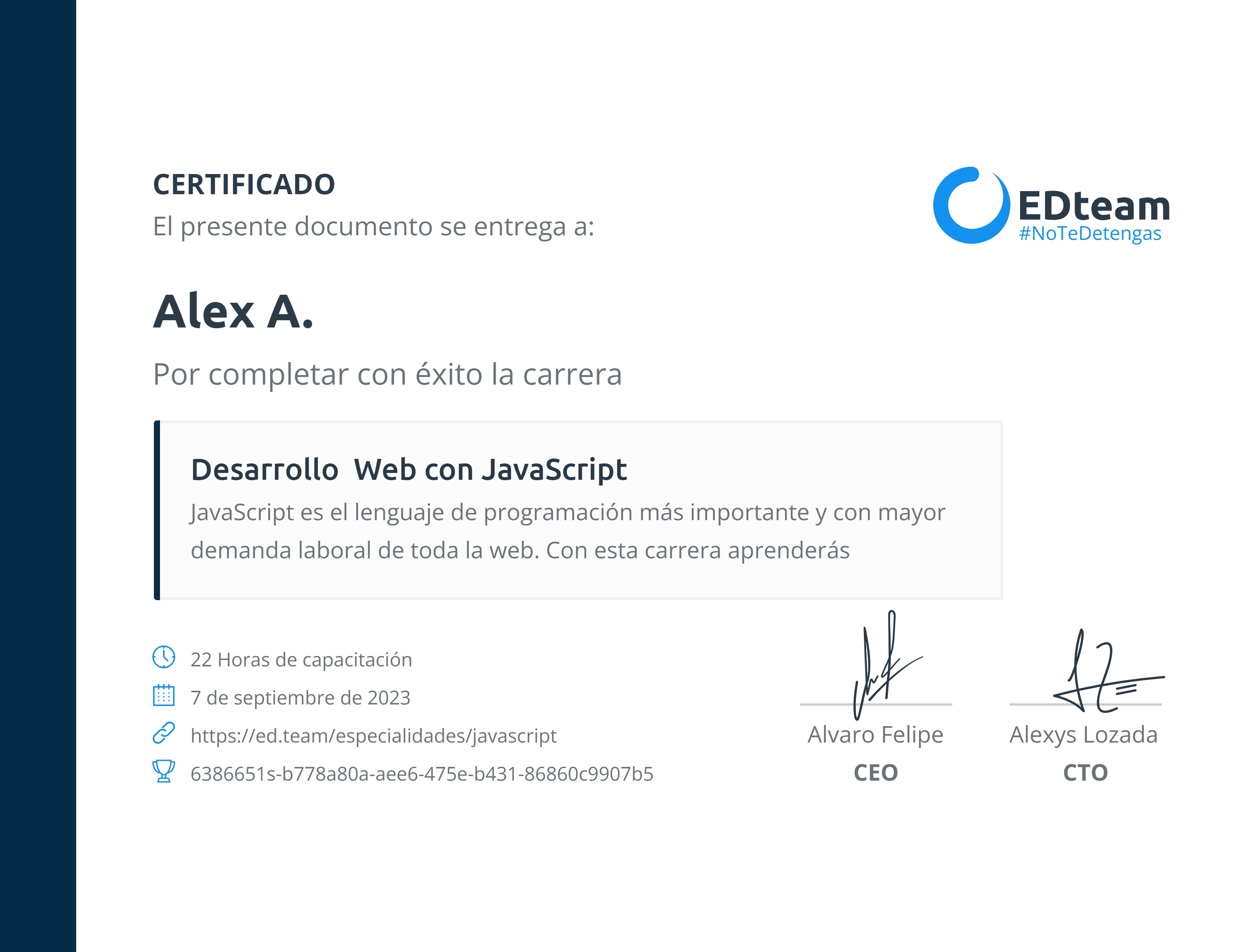 Certificado de Alex A. de la ruta Desarrollo Web con JavaScript
