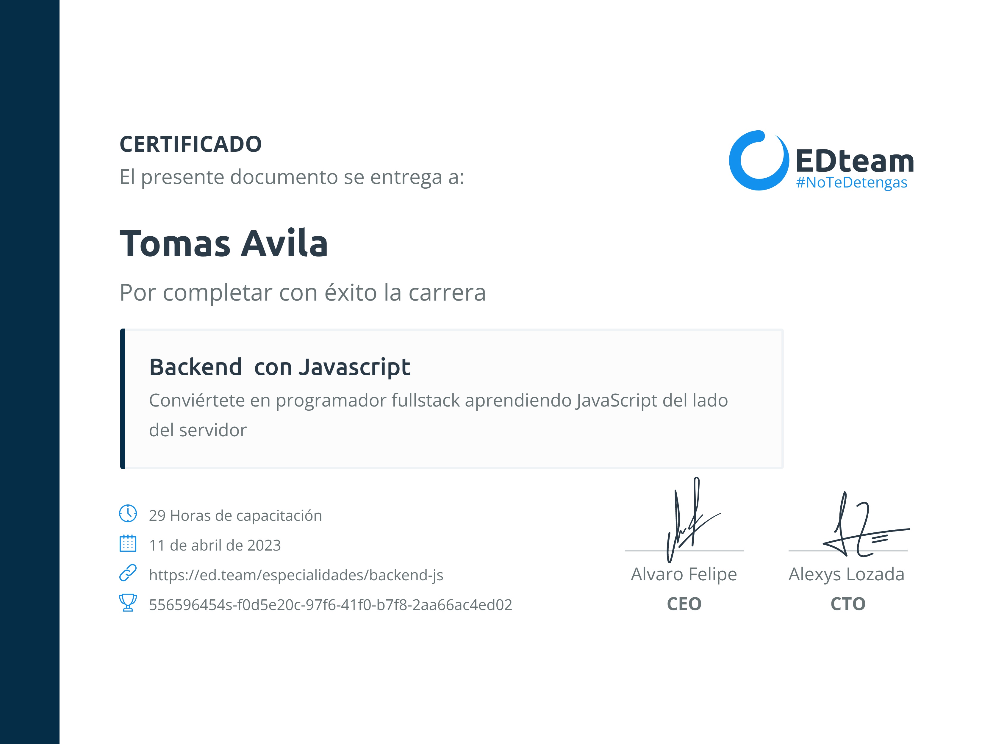 Certificado de Tomas Avila de la ruta Backend con Javascript | EDteam