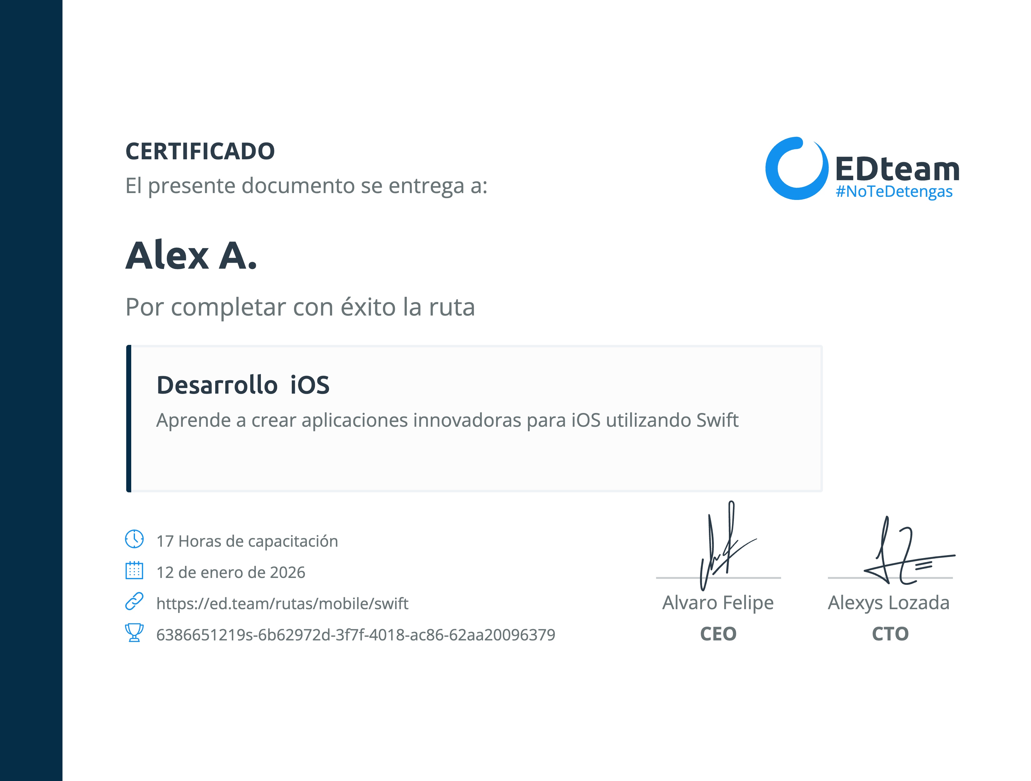 Certificado de Alex A. de la ruta Desarrollo iOS