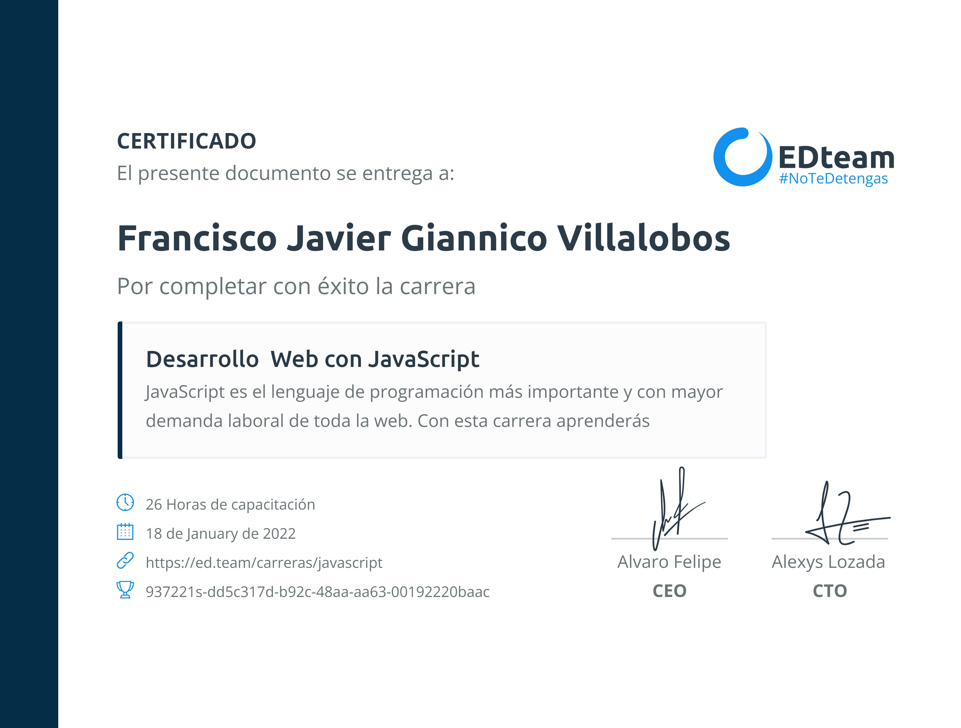 Certificado de Francisco Javier Giannico Villalobos de la ruta Desarrollo Web con JavaScript